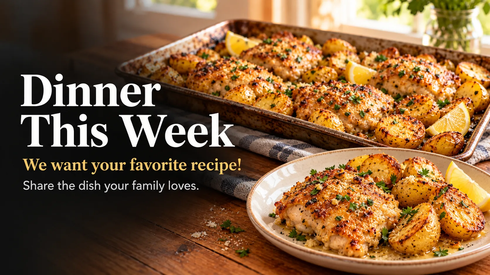 Garlic Parmesan Chicken and Potatoes, served at the table