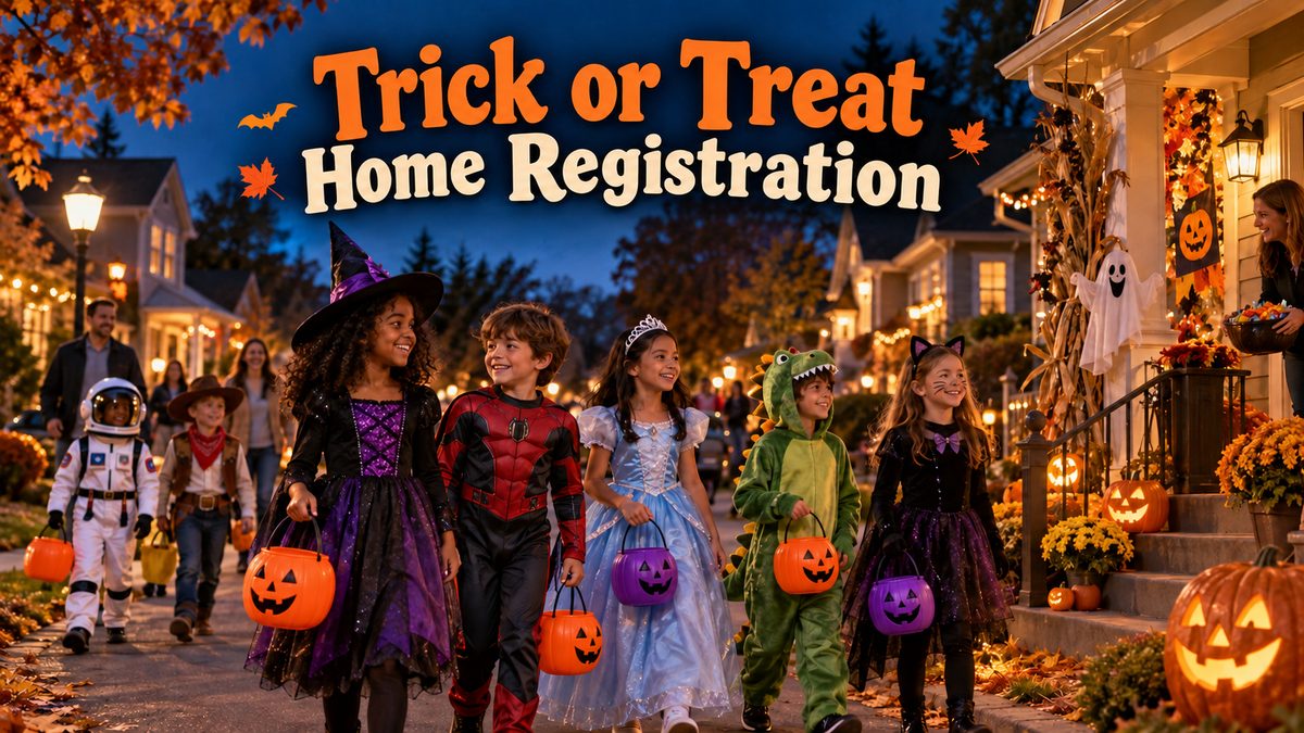 Trick-or-Treat Map 2026 in Stonecreek Estates: costumed children walking a decorated neighborhood street at dusk with candy buckets